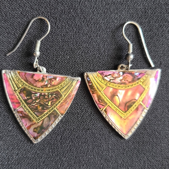 Source Unknown Jewelry - Vintage 90's earrings, dangle, coral and purple enamel, silver and gold accents
